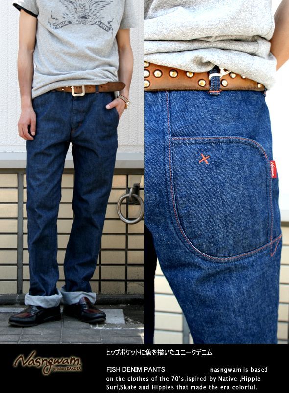 画像: 【Nasngwam】 バックポケットに描いた魚のステッチワークがポイント FISH DENIM PANTS新入荷アップしました。